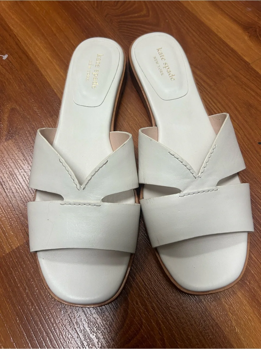 kate spade Ivory Leather Slide Sandals with V-Strap